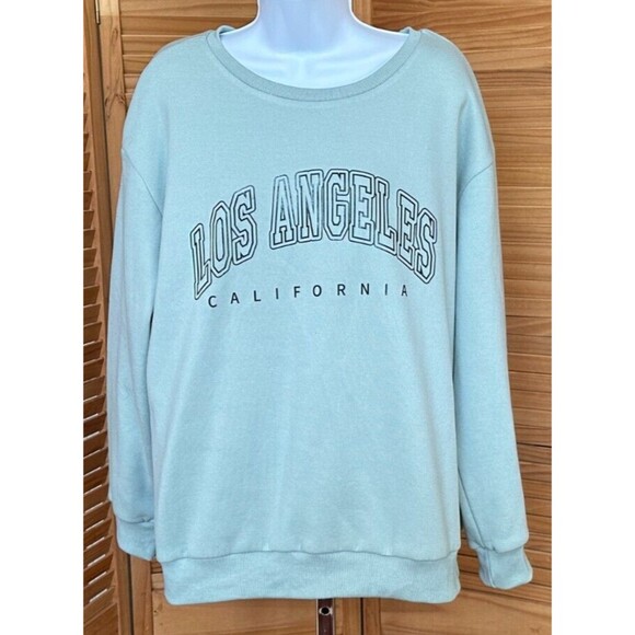 SHEIN Tops - Shein Women's LOS ANGELES Letter Graphic Pullover Mint Green Sweatshirt Size XL
